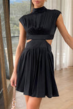 Momentlover Sweet Elegant Solid Ripped Mandarin Collar Waist Skirt Dresses