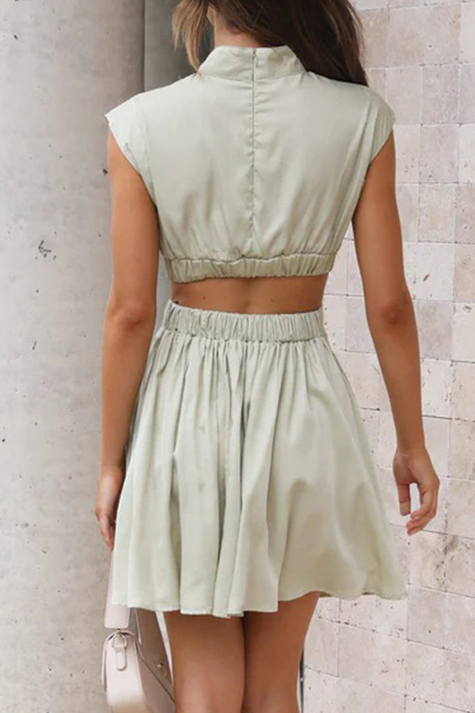 Momentlover Sweet Elegant Solid Ripped Mandarin Collar Waist Skirt Dresses