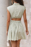 Momentlover Sweet Elegant Solid Ripped Mandarin Collar Waist Skirt Dresses