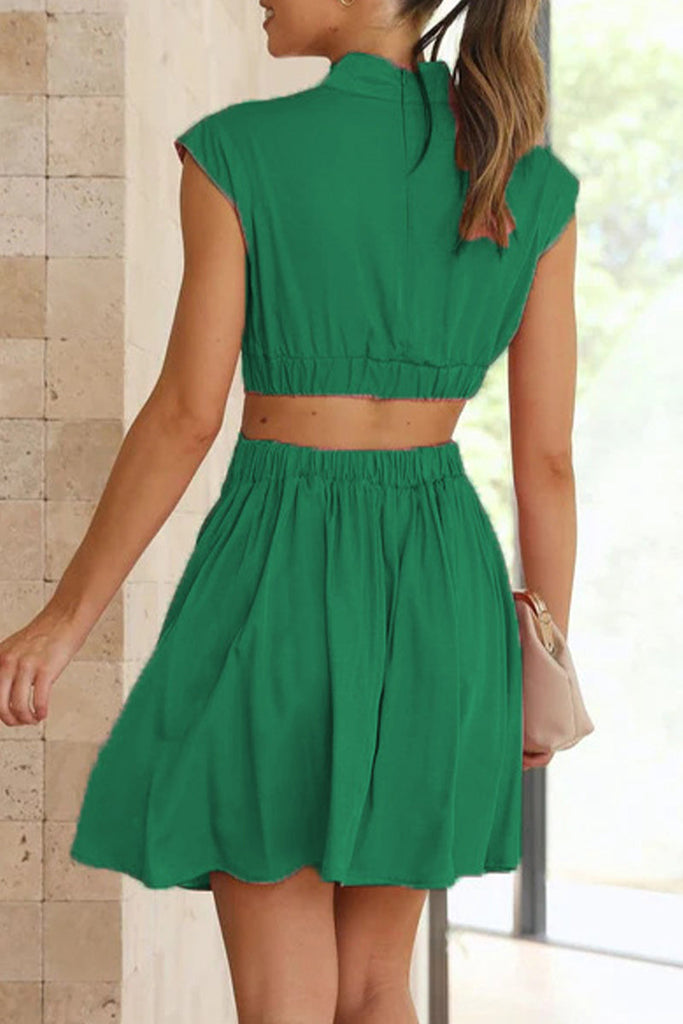 Momentlover Sweet Elegant Solid Ripped Mandarin Collar Waist Skirt Dresses