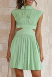 Momentlover Sweet Elegant Solid Ripped Mandarin Collar Waist Skirt Dresses