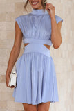 Momentlover Sweet Elegant Solid Ripped Mandarin Collar Waist Skirt Dresses