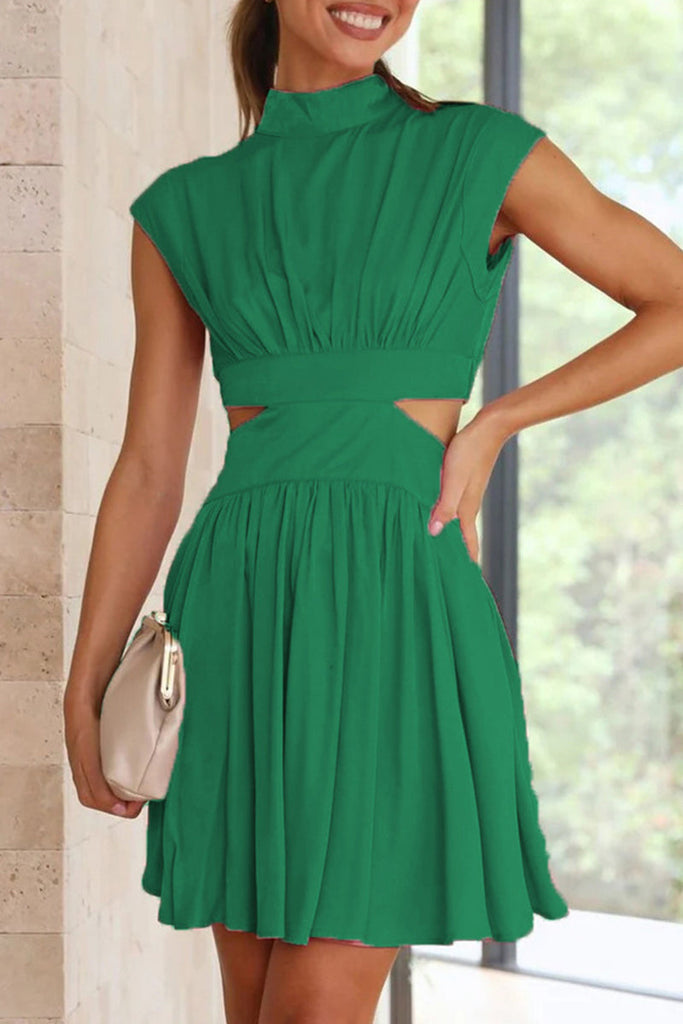 Momentlover Sweet Elegant Solid Ripped Mandarin Collar Waist Skirt Dresses