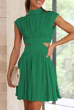 Momentlover Sweet Elegant Solid Ripped Mandarin Collar Waist Skirt Dresses