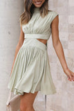 Momentlover Sweet Elegant Solid Ripped Mandarin Collar Waist Skirt Dresses