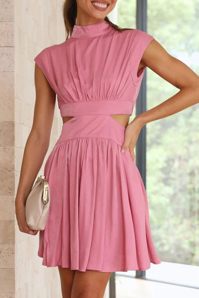 Momentlover Sweet Elegant Solid Ripped Mandarin Collar Waist Skirt Dresses