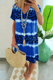 Momentlover Sexy Casual Striped Leopard Patchwork V Neck Short Sleeve Dress Dresses
