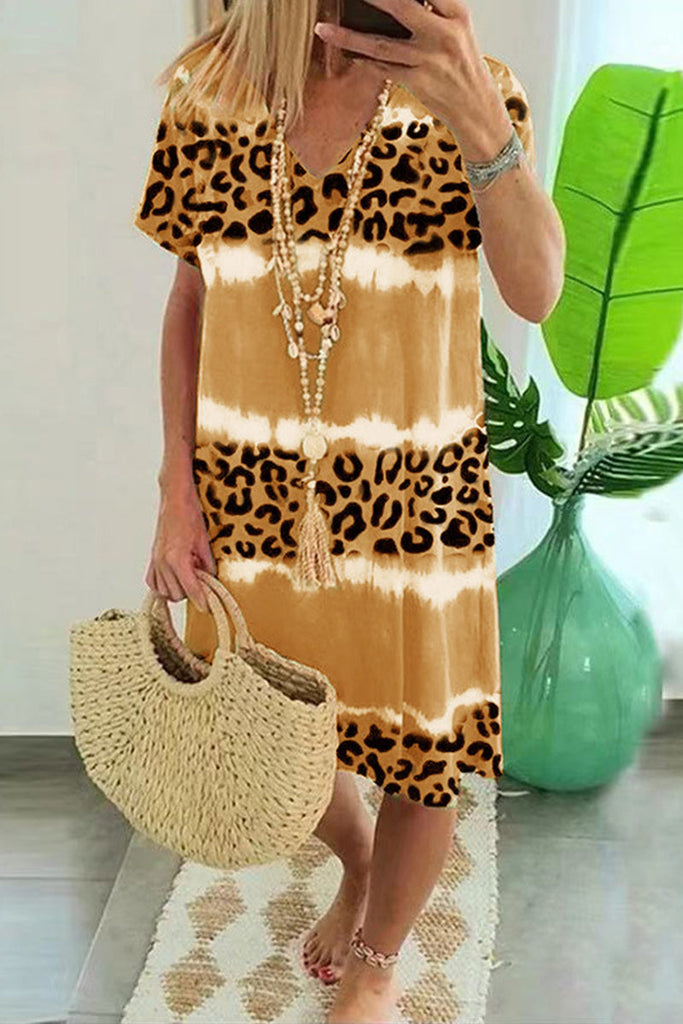 Momentlover Sexy Casual Striped Leopard Patchwork V Neck Short Sleeve Dress Dresses
