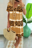 Momentlover Sexy Casual Striped Leopard Patchwork V Neck Short Sleeve Dress Dresses
