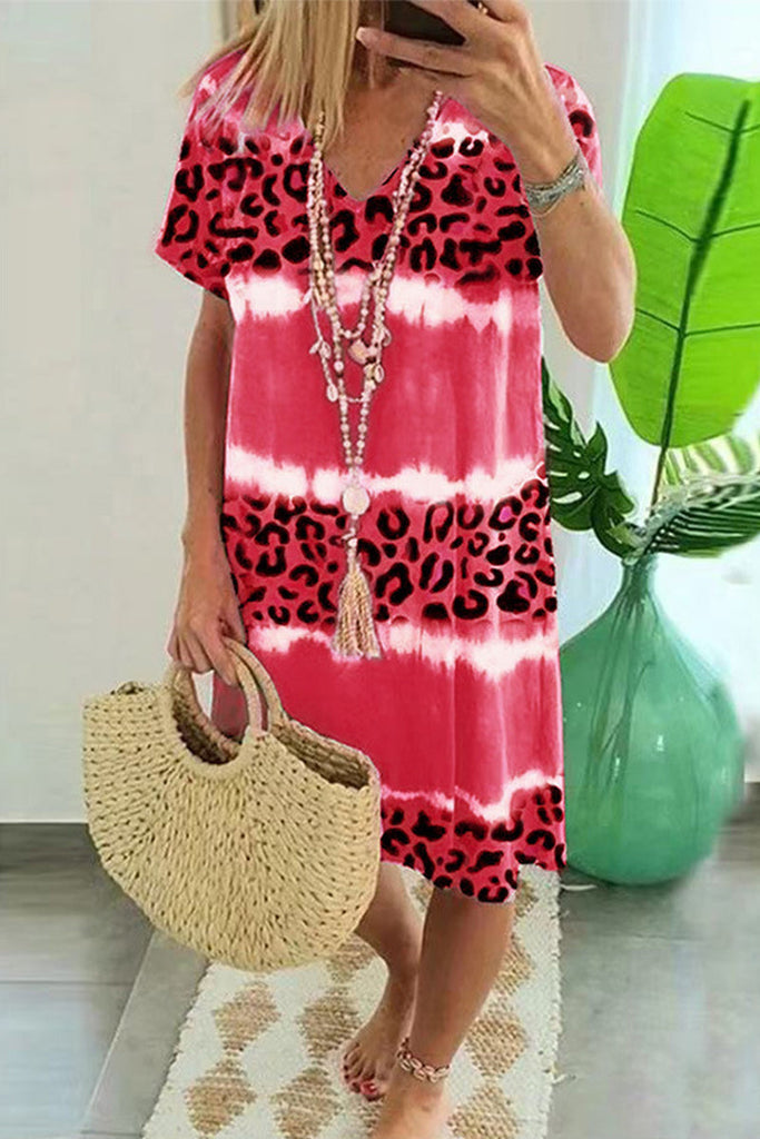 Momentlover Sexy Casual Striped Leopard Patchwork V Neck Short Sleeve Dress Dresses