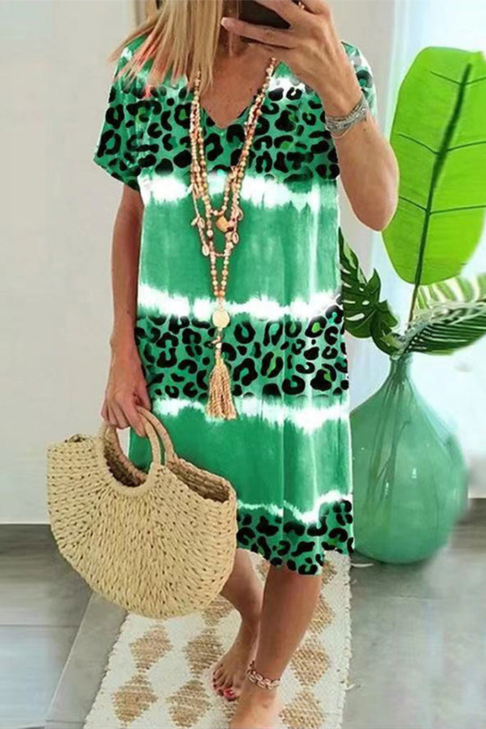 Momentlover Sexy Casual Striped Leopard Patchwork V Neck Short Sleeve Dress Dresses