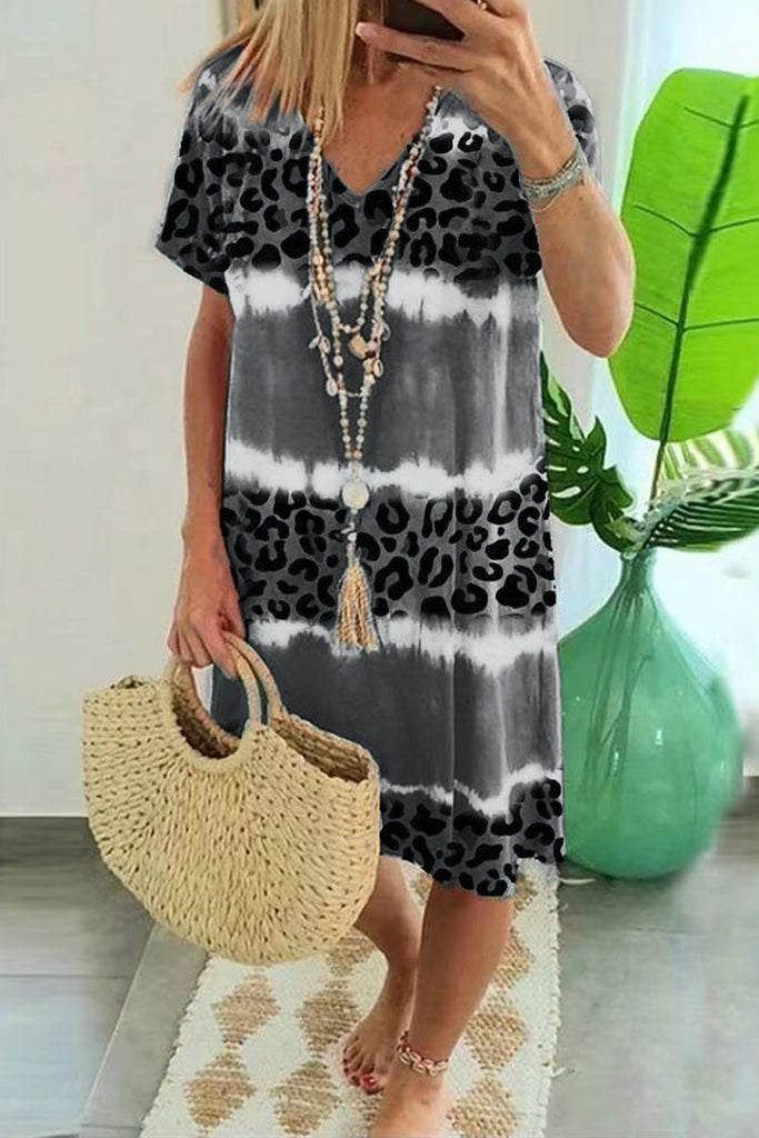 Momentlover Sexy Casual Striped Leopard Patchwork V Neck Short Sleeve Dress Dresses