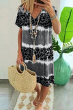 Momentlover Sexy Casual Striped Leopard Patchwork V Neck Short Sleeve Dress Dresses