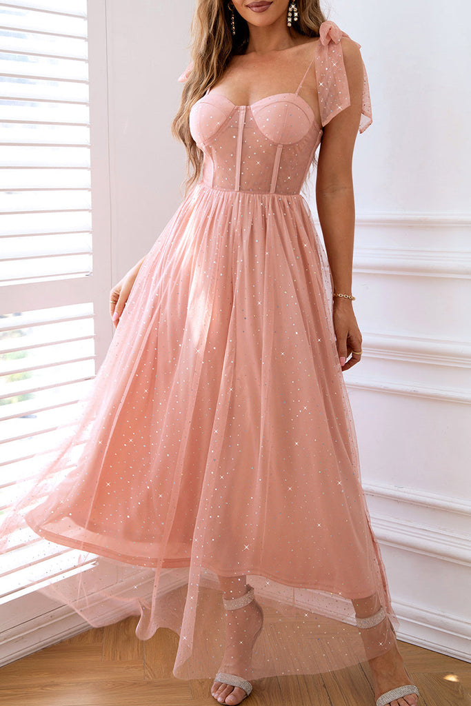 Momentlover Celebrities Elegant Solid Frenulum Sequined Mesh POLO collar Evening Dress Dresses