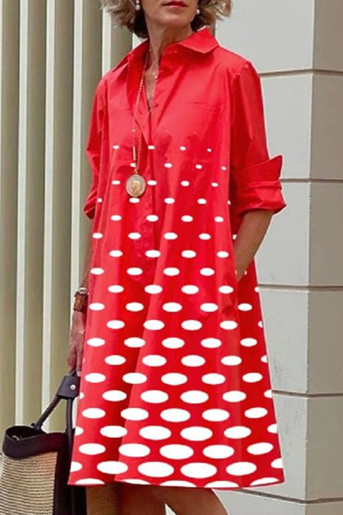 Momentlover Casual Print Polka Dot Patchwork Buckle Turndown Collar Shirt Dress Dresses(15 Colors)