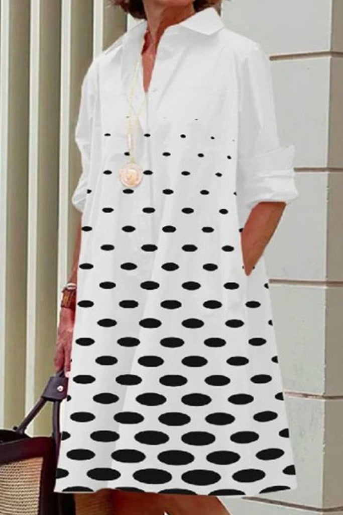 Momentlover Casual Print Polka Dot Patchwork Buckle Turndown Collar Shirt Dress Dresses(15 Colors)