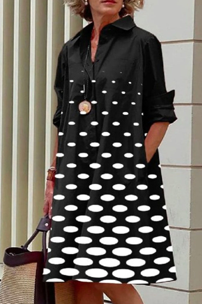 Momentlover Casual Print Polka Dot Patchwork Buckle Turndown Collar Shirt Dress Dresses(15 Colors)