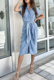 Momentlover Casual Street Solid Frenulum Buckle Turndown Collar Short Sleeve Regular Denim Dresses