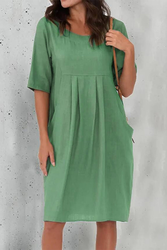 Momentlover Casual Solid Fold O Neck Short Sleeve Dress Dresses