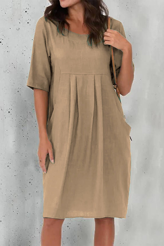 Momentlover Casual Solid Fold O Neck Short Sleeve Dress Dresses