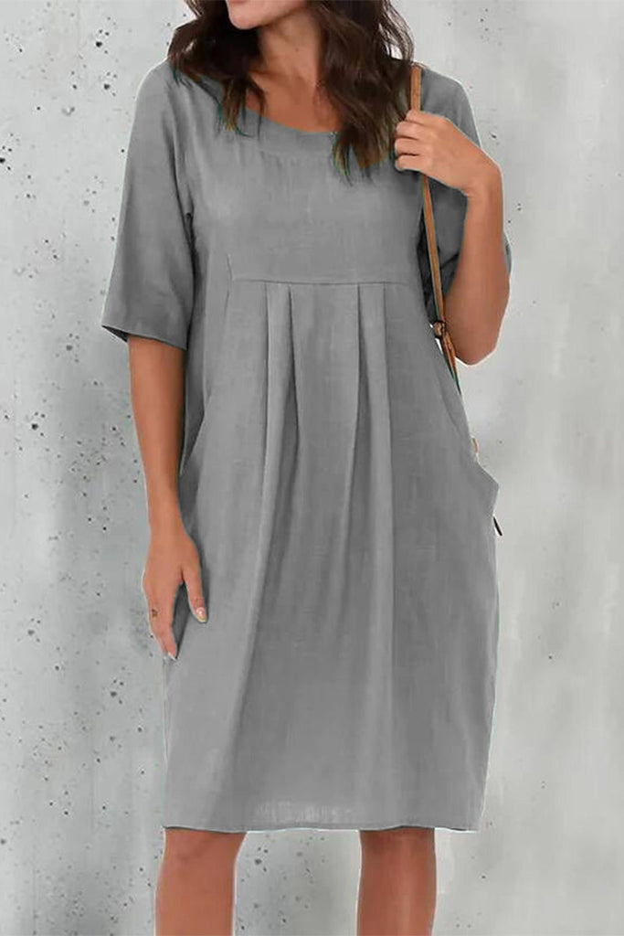 Momentlover Casual Solid Fold O Neck Short Sleeve Dress Dresses