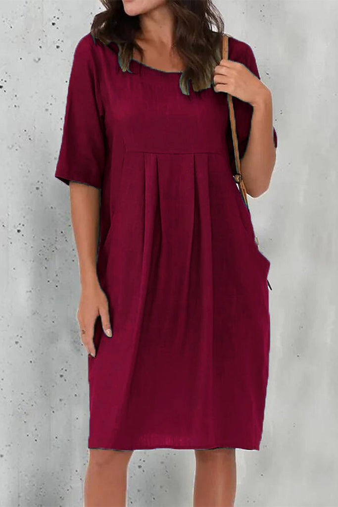Momentlover Casual Solid Fold O Neck Short Sleeve Dress Dresses
