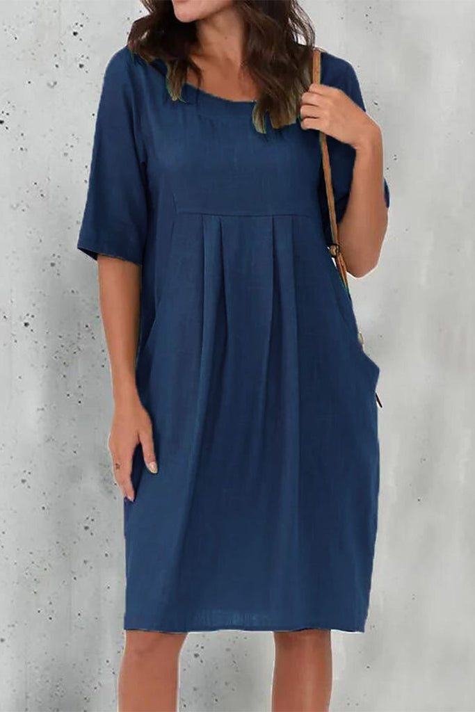 Momentlover Casual Solid Fold O Neck Short Sleeve Dress Dresses