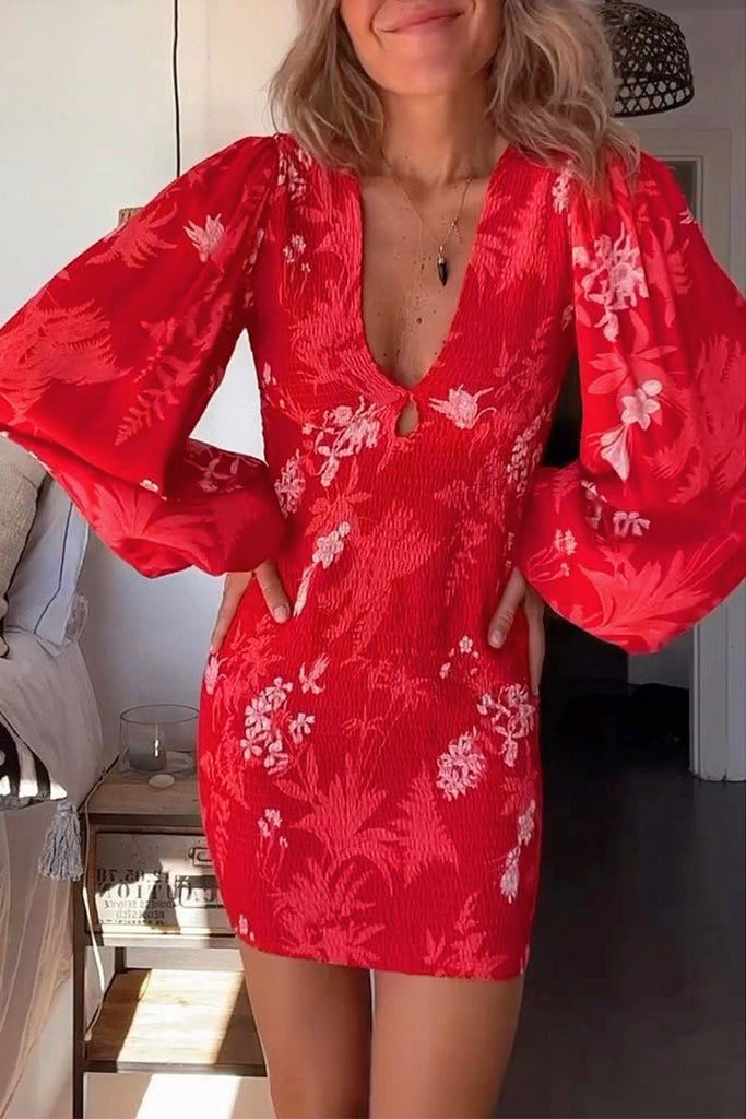 Momentlover Sexy Vacation Print Fold V Neck Wrapped Skirt Dresses
