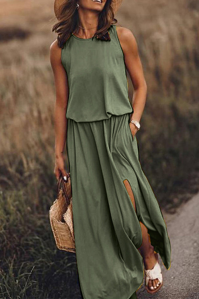 Momentlover Casual Solid Patchwork Slit O Neck Waist Skirt Dresses(8 Colors)