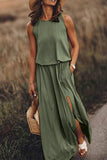Momentlover Casual Solid Patchwork Slit O Neck Waist Skirt Dresses(8 Colors)