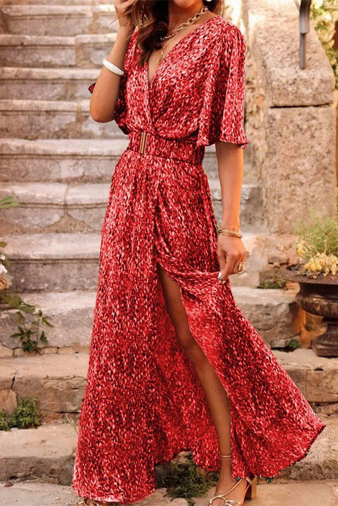 Momentlover Bohemian College Floral Patchwork With Belt V Neck Waist Skirt Dresses(5 Colors)