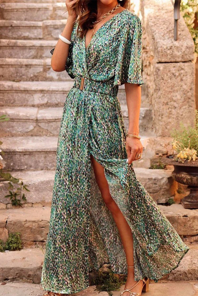 Momentlover Bohemian College Floral Patchwork With Belt V Neck Waist Skirt Dresses(5 Colors)