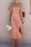 Momentlover Sexy Celebrities Solid Slit Off the Shoulder Pleated Dresses