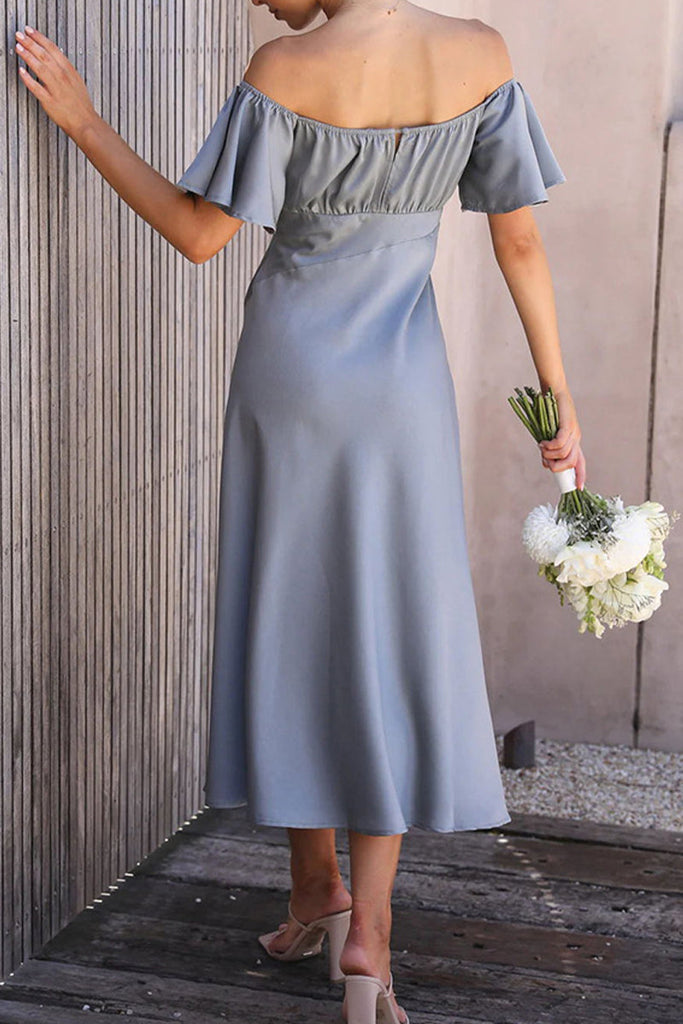 Momentlover Sexy Celebrities Solid Slit Off the Shoulder Pleated Dresses