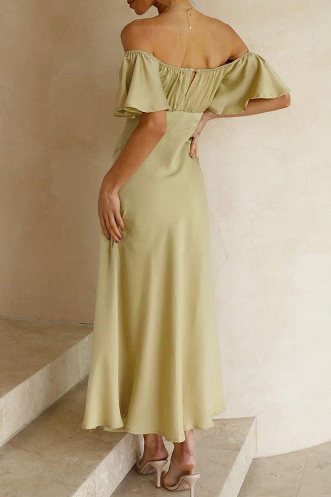 Momentlover Sexy Celebrities Solid Slit Off the Shoulder Pleated Dresses