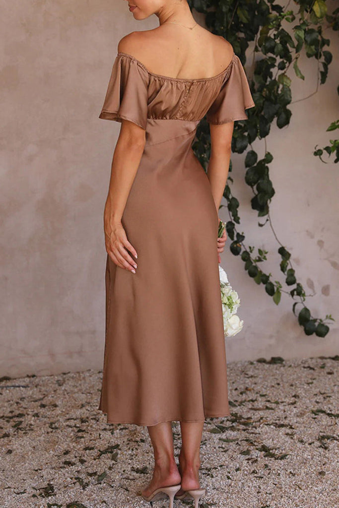 Momentlover Sexy Celebrities Solid Slit Off the Shoulder Pleated Dresses