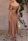Momentlover Sexy Celebrities Solid Slit Off the Shoulder Pleated Dresses