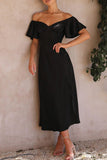 Momentlover Sexy Celebrities Solid Slit Off the Shoulder Pleated Dresses
