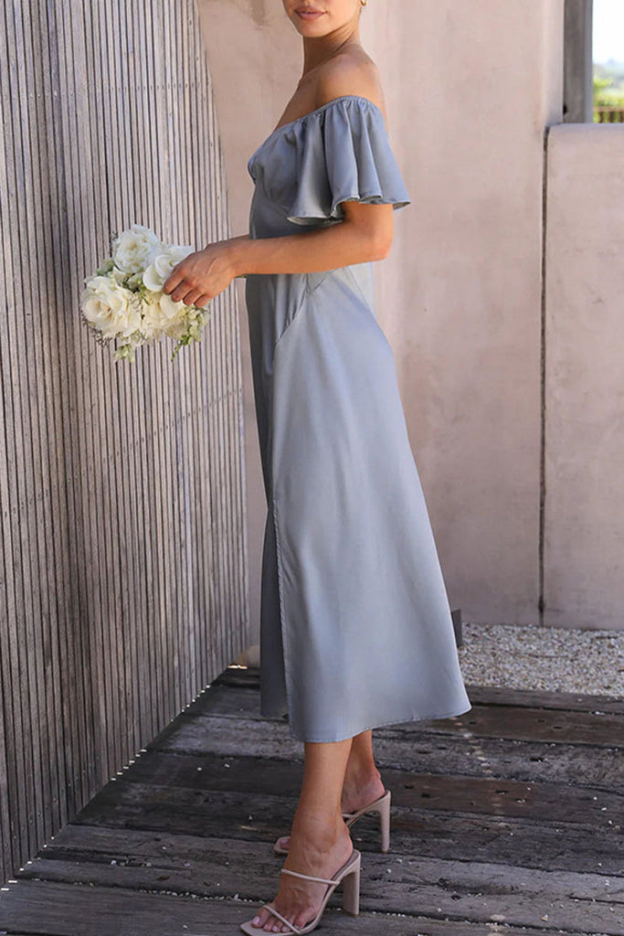 Momentlover Sexy Celebrities Solid Slit Off the Shoulder Pleated Dresses