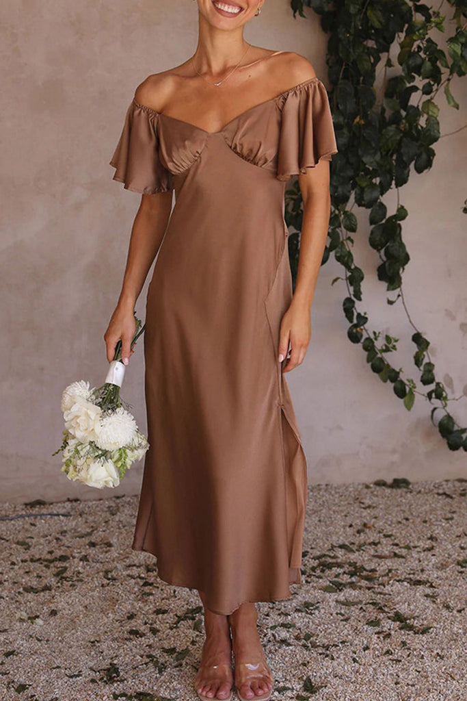 Momentlover Sexy Celebrities Solid Slit Off the Shoulder Pleated Dresses