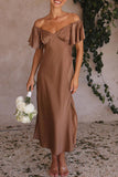 Momentlover Sexy Celebrities Solid Slit Off the Shoulder Pleated Dresses