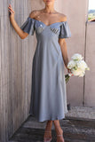 Momentlover Sexy Celebrities Solid Slit Off the Shoulder Pleated Dresses