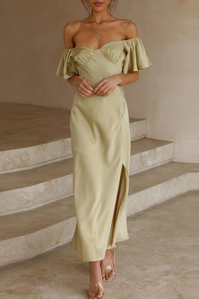 Momentlover Sexy Celebrities Solid Slit Off the Shoulder Pleated Dresses
