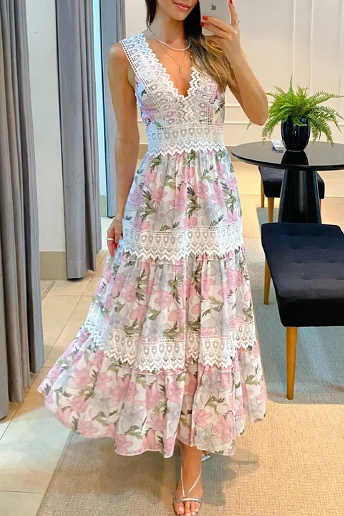 Momentlover Bohemian Elegant Print Lace Patchwork V Neck Waist Skirt Dresses