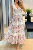 Momentlover Bohemian Elegant Print Lace Patchwork V Neck Waist Skirt Dresses
