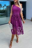 Momentlover Celebrities Elegant Solid Hollowed Out Oblique Collar One Shoulder Dress Dresses