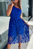 Momentlover Celebrities Elegant Solid Hollowed Out Oblique Collar One Shoulder Dress Dresses