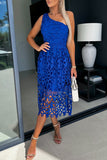 Momentlover Celebrities Elegant Solid Hollowed Out Oblique Collar One Shoulder Dress Dresses