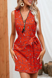 Momentlover Casual College Floral Frenulum Zipper V Neck One Step Skirt Dresses