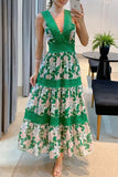 Momentlover Bohemian Elegant Print Lace Patchwork V Neck Waist Skirt Dresses